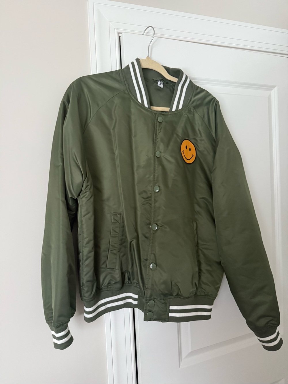 Olive Green Bomber Jacket with Yellow Smiley Patch